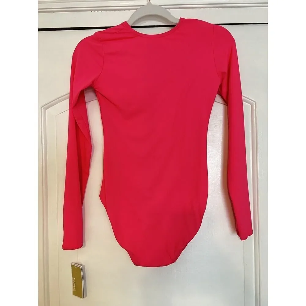 Michael Kors Neon Hot Pink Long Sleeve Rashguard Zip Up Swimsuit NEW Designer 6